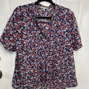 Dress Barn Navy Blue Button Up Floral Short Sleeves Blouse